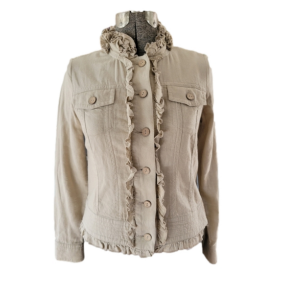 Tribal Jackets & Blazers - Tribal Linen Tan Ruffled Jacket Coat-Size  4